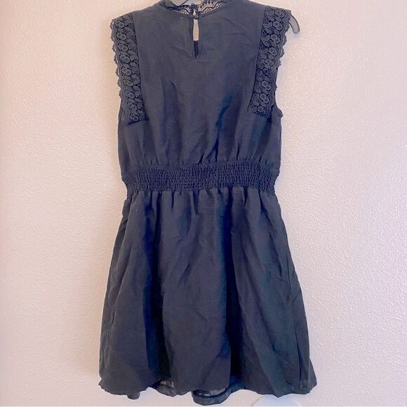 Black Lace trim sleeveless elastic waist whimsy goth festival mock rayon Dress L - Picture 2 of 9